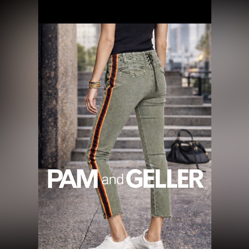 pam& Geller stripe leg green miltary pant